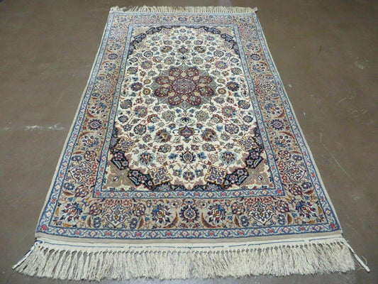 Persian Isfahan Rug 3x6, Fine 650 KPSI, Hand Knotted, Ivory