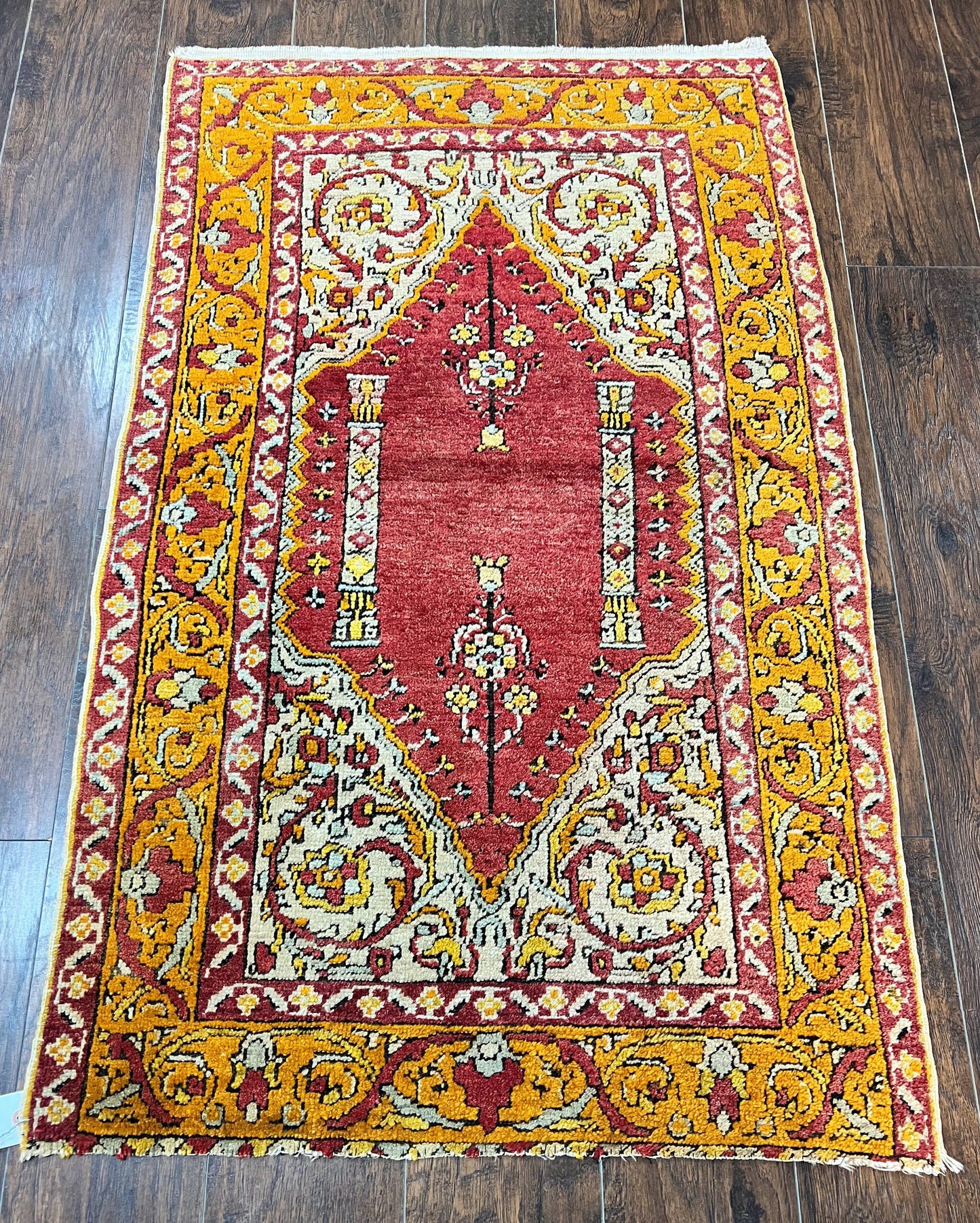 Antique Turkish Prayer Rug 3x5, Hand Knotted Turkish Melas Oushak Wool Carpet, Mehrab Rug, Orange & Red Vintage Rug 3 x 5 Collectible