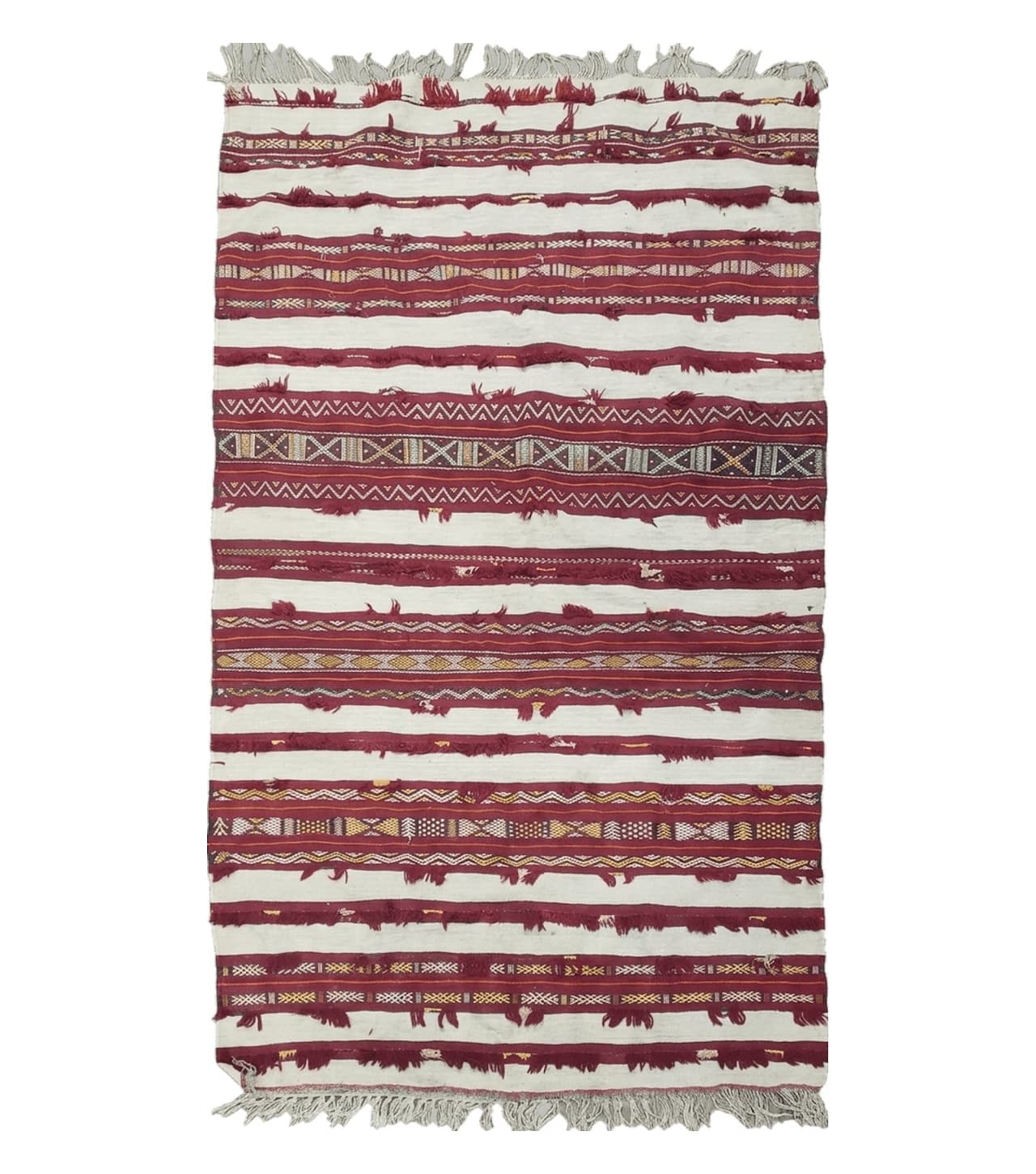 Antique Turkoman Yamud Rug 3x5 ft, 1920s Turkmen Sofreh Table Cover, Bohemian Rug, Tribal Collectible, Striped Rug, Handmade Ivory and Red
