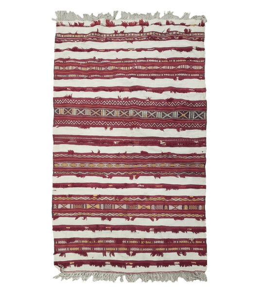 Antique Turkoman Yamud Rug 3x5 ft, 1920s Turkmen Sofreh Table Cover, Bohemian Rug, Tribal Collectible, Striped Rug, Handmade Ivory and Red