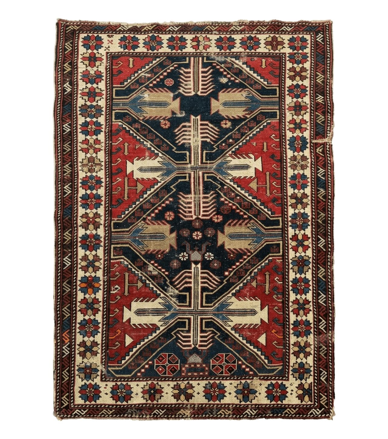 Antique Shirvan Caucasian Rug 3x5, Geometric Pattern, Red Navy Blue Beige