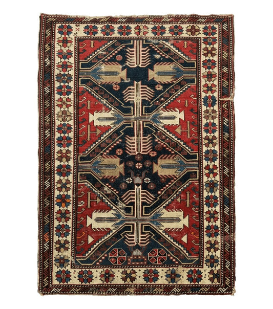 Antique Shirvan Caucasian Rug 3x5, Geometric Pattern, Red Navy Blue Beige