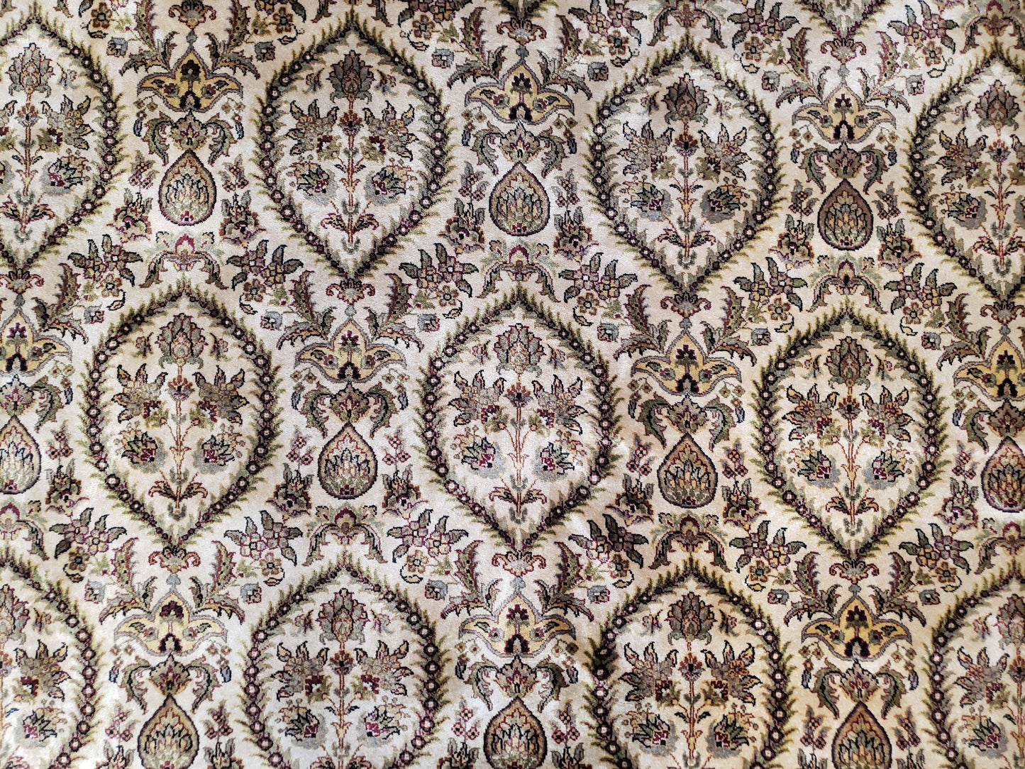 Vintage Indo Persian Area Rug 9x12, Wool Hand-Knotted Ivory & Dark Red Oriental Carpet, Fine Weave 9 x 12 Indian Rug, Dining Room Rug