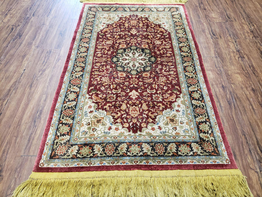 3x5 Silk Hand-Knotted Rug, Silk Oriental Carpet 5 x 3, Red & Ivory, Floral Medallion, Gold Fringes, Semi Antique Vintage Traditional Rug