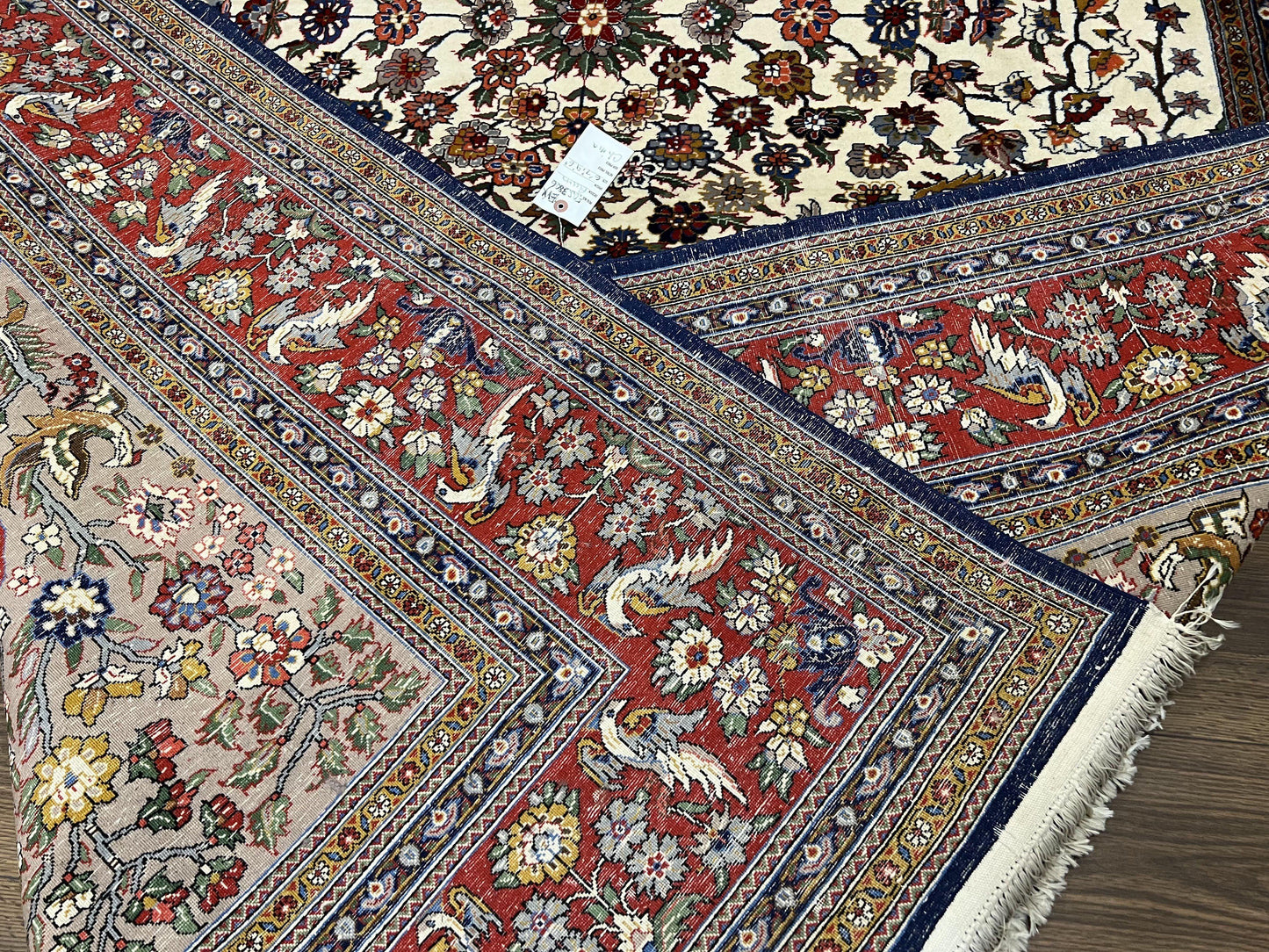 Beautiful Sino Persian Rug 7x10, Circle of Life Tree of Life Rug, Birds, Cream Red Navy Blue Taupe, Wool Silk Accents, Hand Knotted Vintage