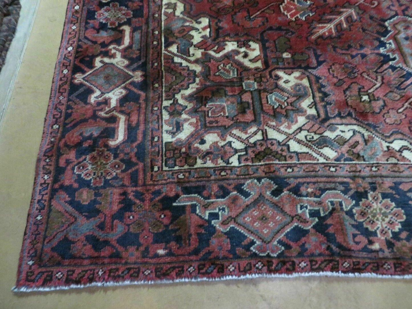 Persian Rug 8x11 Room Sized Heriz Carpet, Hand Knotted Wool Rug, Vintage Semi Antique, Geometric Medallion, Wine Red Cream Dark Blue, Wow