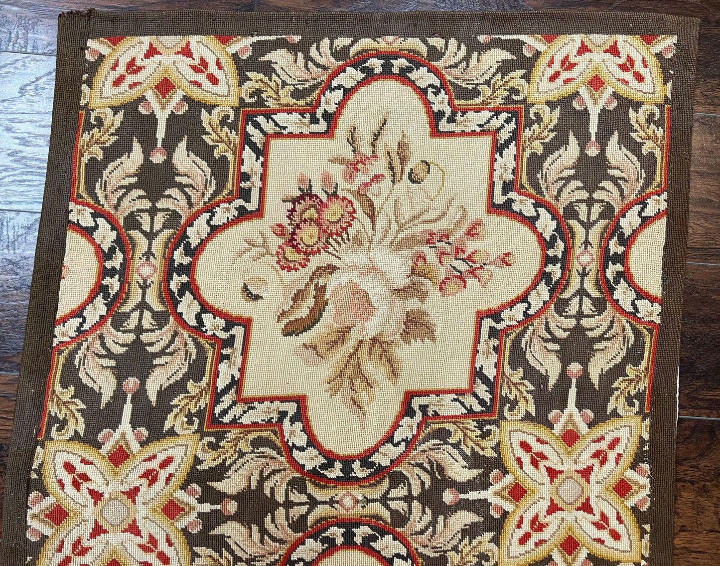 Needlepoint Runner Rug 2.8 x 9.8, Brown and Beige, Handwoven Handmade Floral French European Design, Vintage Flatweave 10ft Wool Runner Rug