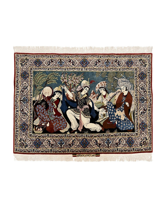 Persian Pictorial Rug 5 x 4 ft, Persian Isfahan Rug, Kork Wool on Silk Foundation, Signature from Master Weaver, Drums and Musical Instruments, Birds, Detailed