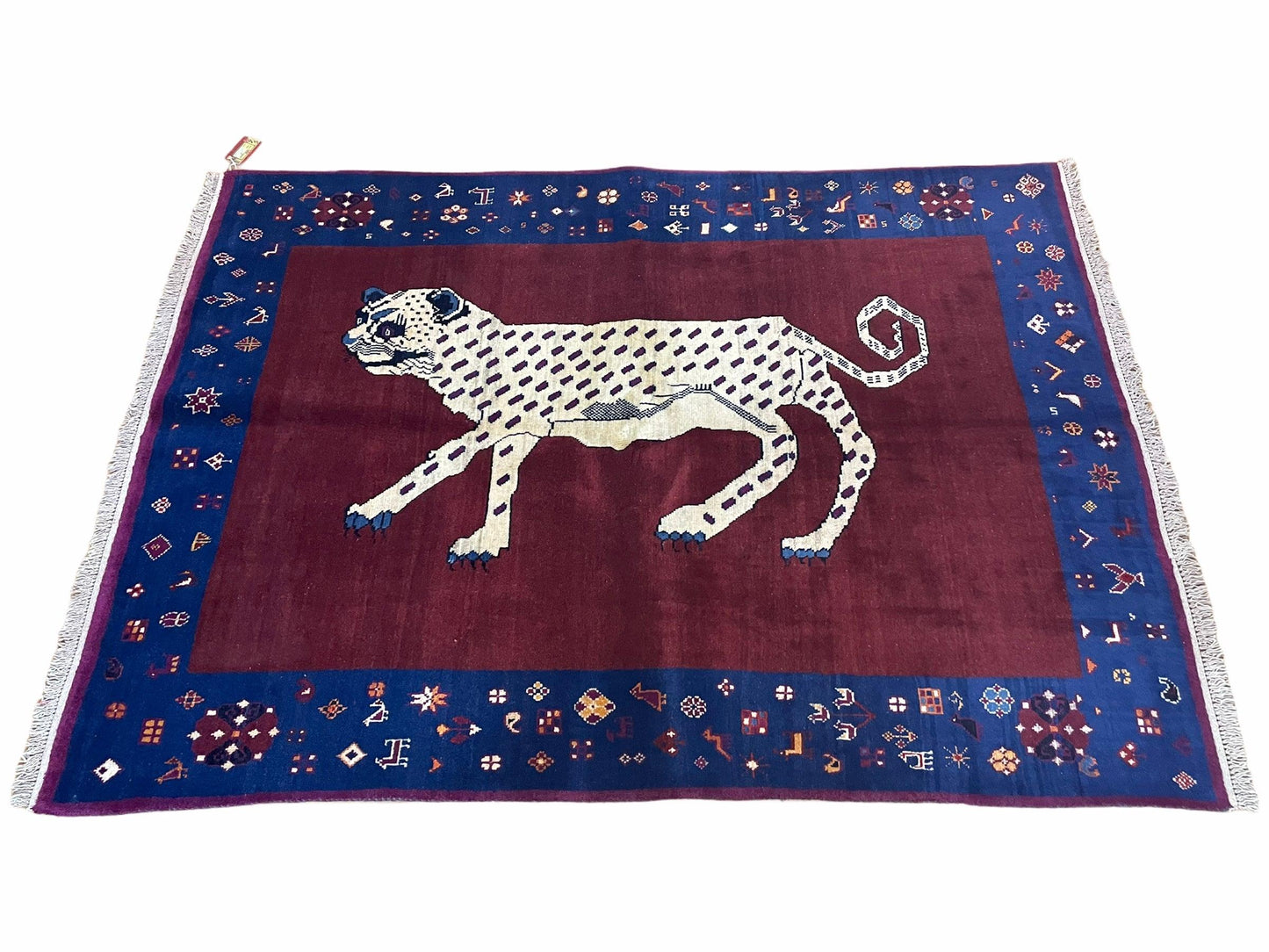 5 X 7 Handmade Zagros Wool Rug Snow White Panther Maroon Blue Organic Dyes