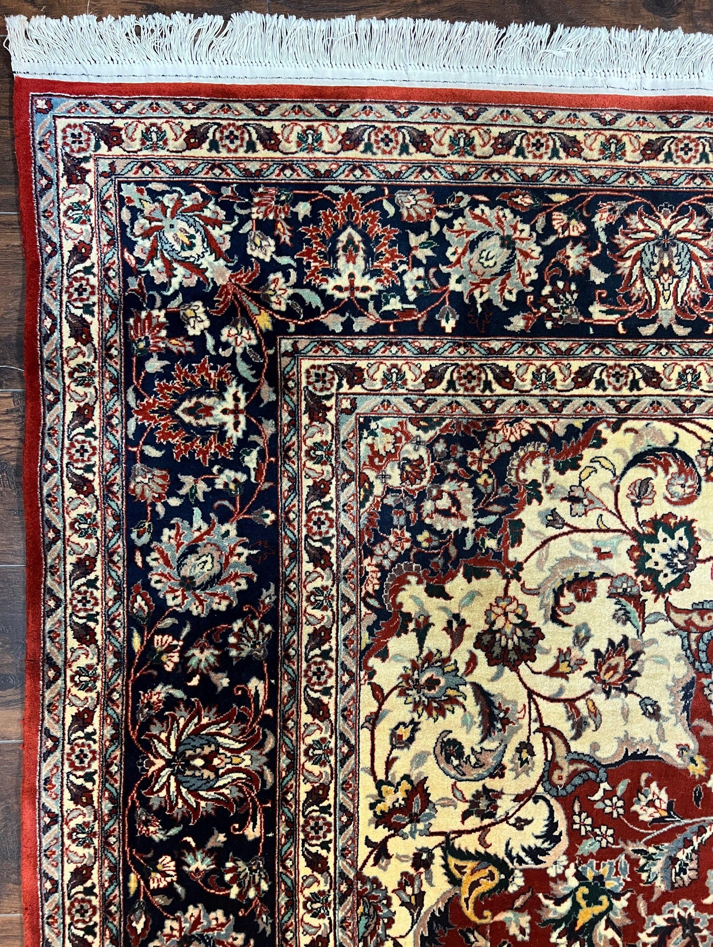 Fine Sino Persian Rug 7x10 ft, Floral Central Medallion Oriental Carpet, Red Navy Blue Cream, Hand Knotted Wool Traditional Vintage Rug