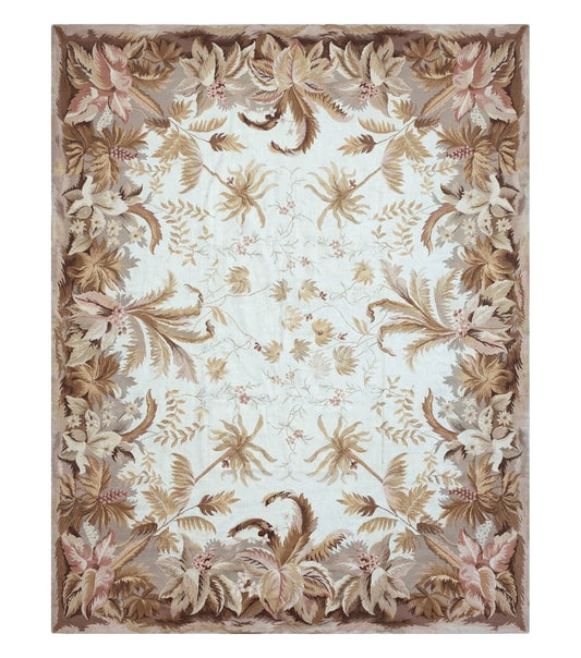 7' 7" x 9' 8" Needlepoint Rug Floral Beige Flat Weave Carpet 8x10 Handmade New Area Rug