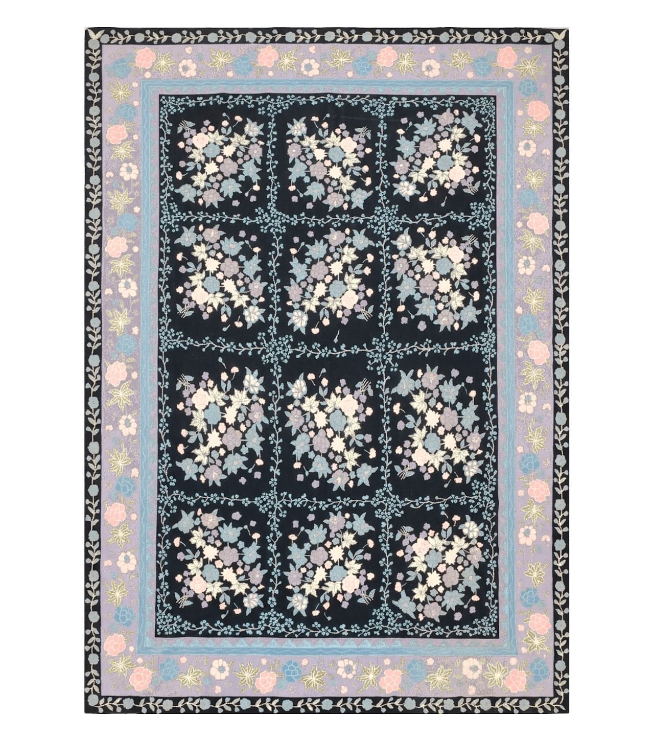 Chinese Needlepoint Rug 8 x 11.4, Hand-Woven Area Carpet, Flatweave Rug, Black Blue Light Violet Floral Garden European Design Wool Aubusson