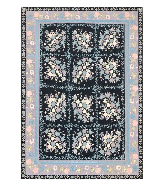 Chinese Needlepoint Rug 8 x 11.4, Hand-Woven Area Carpet, Flatweave Rug, Black Blue Light Violet Floral Garden European Design Wool Aubusson