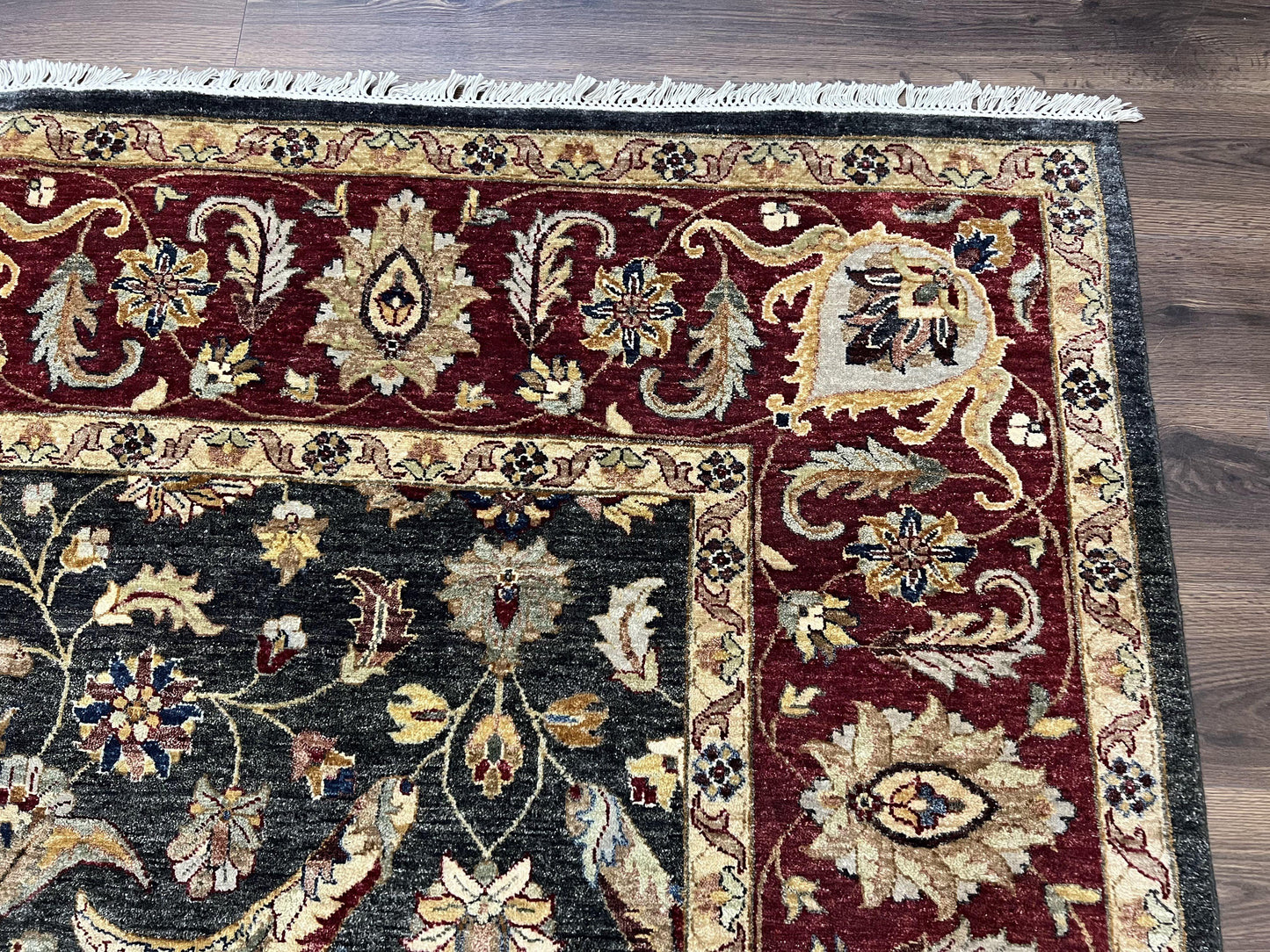 Pak Persian Mahal Rug 9x12, Allover Floral Pakistani Oriental Carpet 9 x 12, Wool Hand Knotted Area Rug, Dark Slate Gray-Black and Maroon