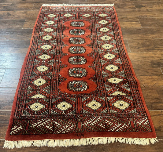 Red Pakistani Turkoman Rug 3x5, Bokhara Design, Vintage, Signed