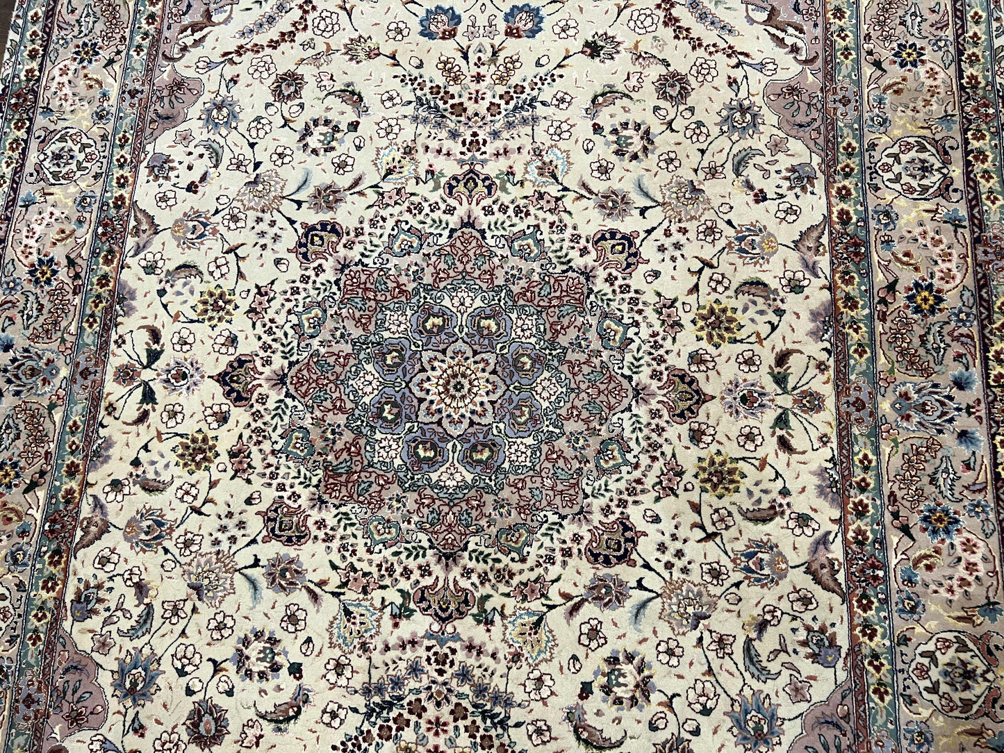 Beautiful Pak Persian Rug 6x9, Floral Medallion, Wool and Silk, Highly Detailed Elegant Carpet, Vintage Oriental Rug 6 x 9, Cream and Gray