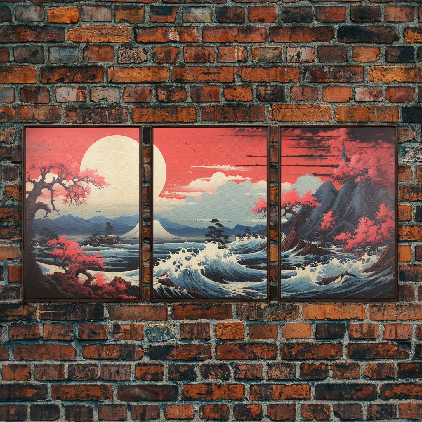 Japanese Ukiyo-e Mountains Sunset Set of 3 Prints, Japanese Ink Block, Ukiyo-e Wall Art, Living Room Art, Above Bed Decor, 3 Panel Print Set
