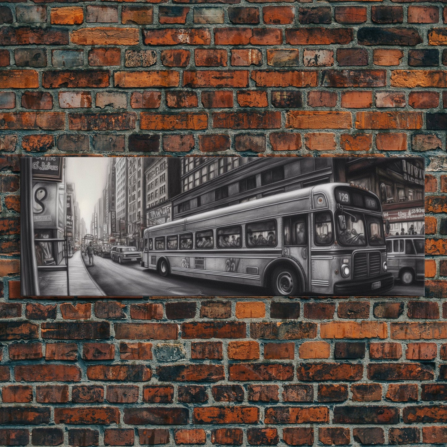 Detailed Street Pencil Sketch Canvas Print, City Wall Art, Bus, Cars, Traffic, Buildings, Urban Art Print, Panoramic, Wall Art, Canvas Print