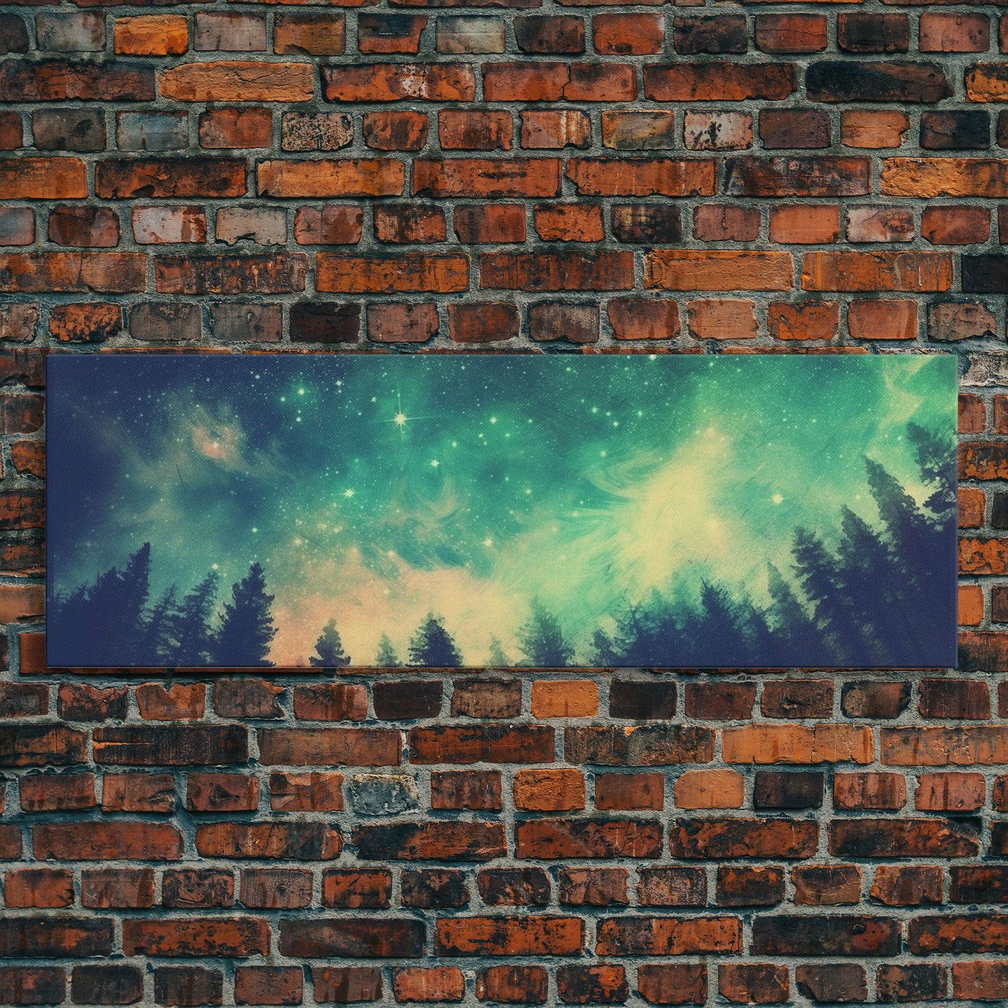 Green Night Sky Watercolor Art Print, Forest Canvas Art, Dark Forest Art, Starry Night Sky, Galaxy Art, Panoramic, Wall Art, Canvas Print