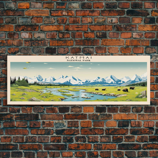Katmai National Park Panoramic Alaska Travel Art, National Park Print, Minimalist Travel Art, Subdued Watercolor Painting Panoramic