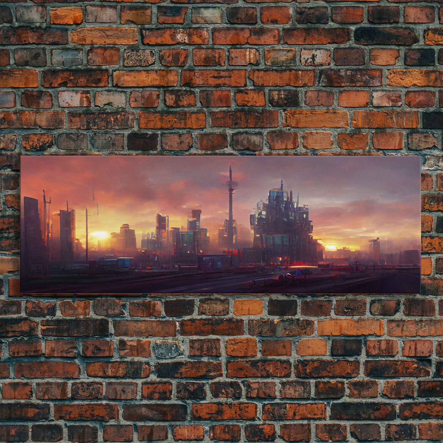 Cyberpunk City, Night City Watercolor, Ready To Hang Canvas Print, Panoramic, Videogame Concept Art, Watercolor Painting Of a Cyberpunk City