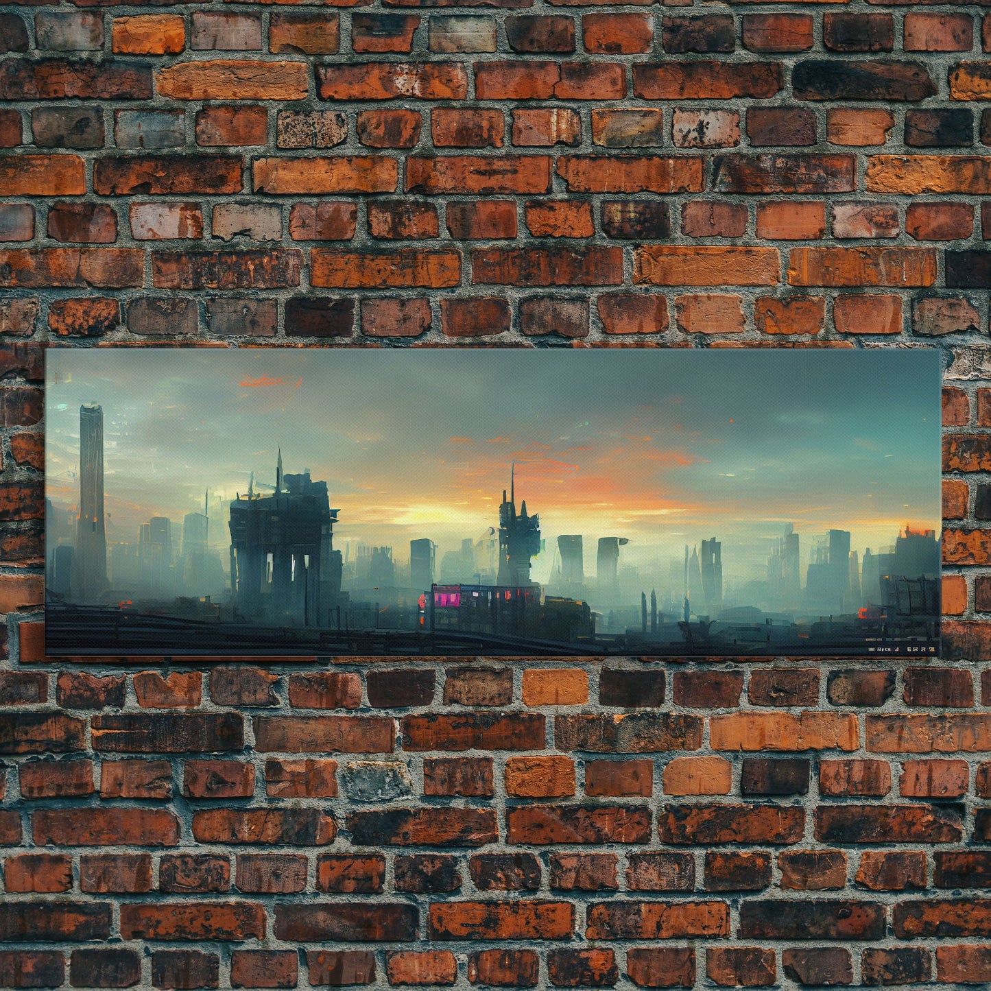Night City Watercolor, Cyberpunk City, Ready To Hang Canvas Print, Panoramic, Videogame Concept Art, Watercolor Painting Of a Cyberpunk City