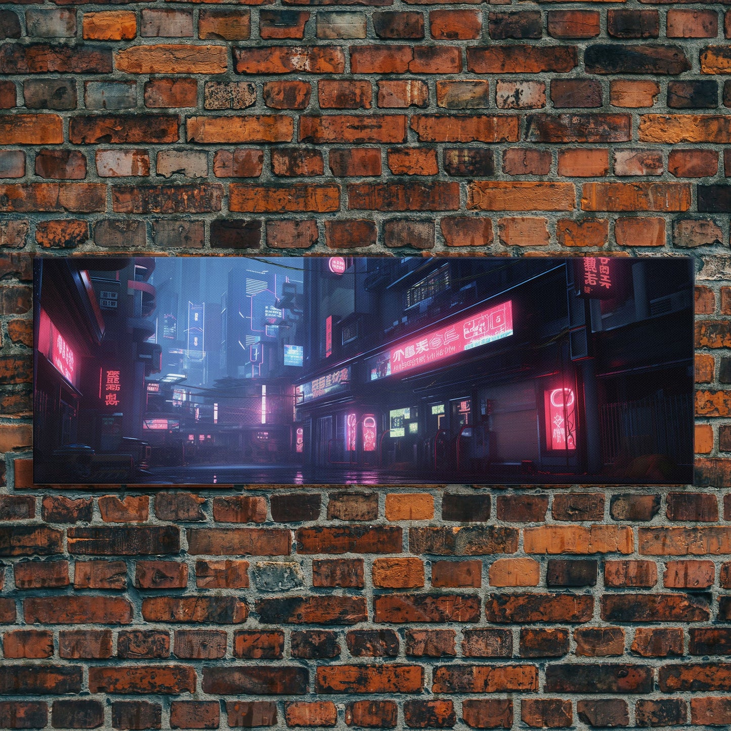 Neon Tokyo Streets, Futuristic Cyberpunk Cityscape Painting Framed Canvas Print, Game Room Decor, Framed Wall Art