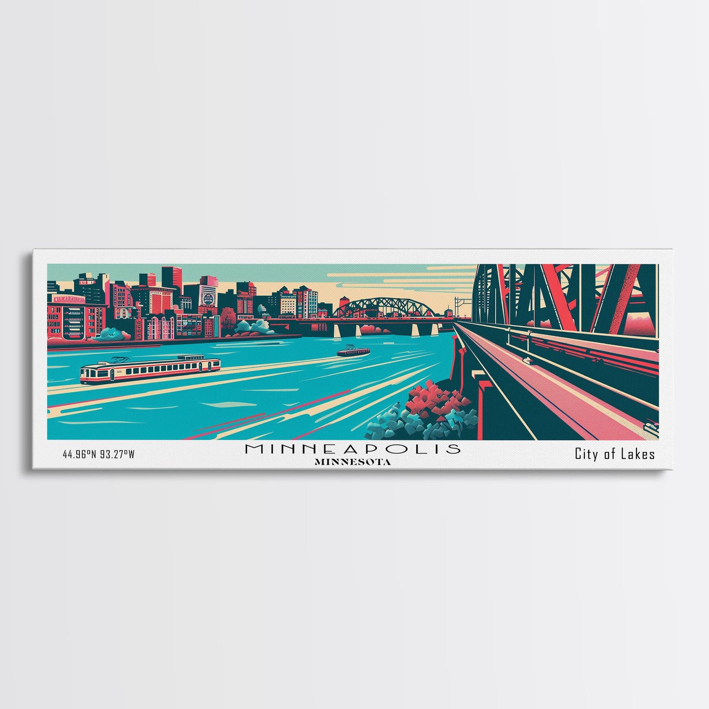 Minneapolis Minnesota Panoramic Wall Art Framed Canvas Print, Travel Poster, Mid Century Modern Art, Pop Art Style, Home Decor, Office Art