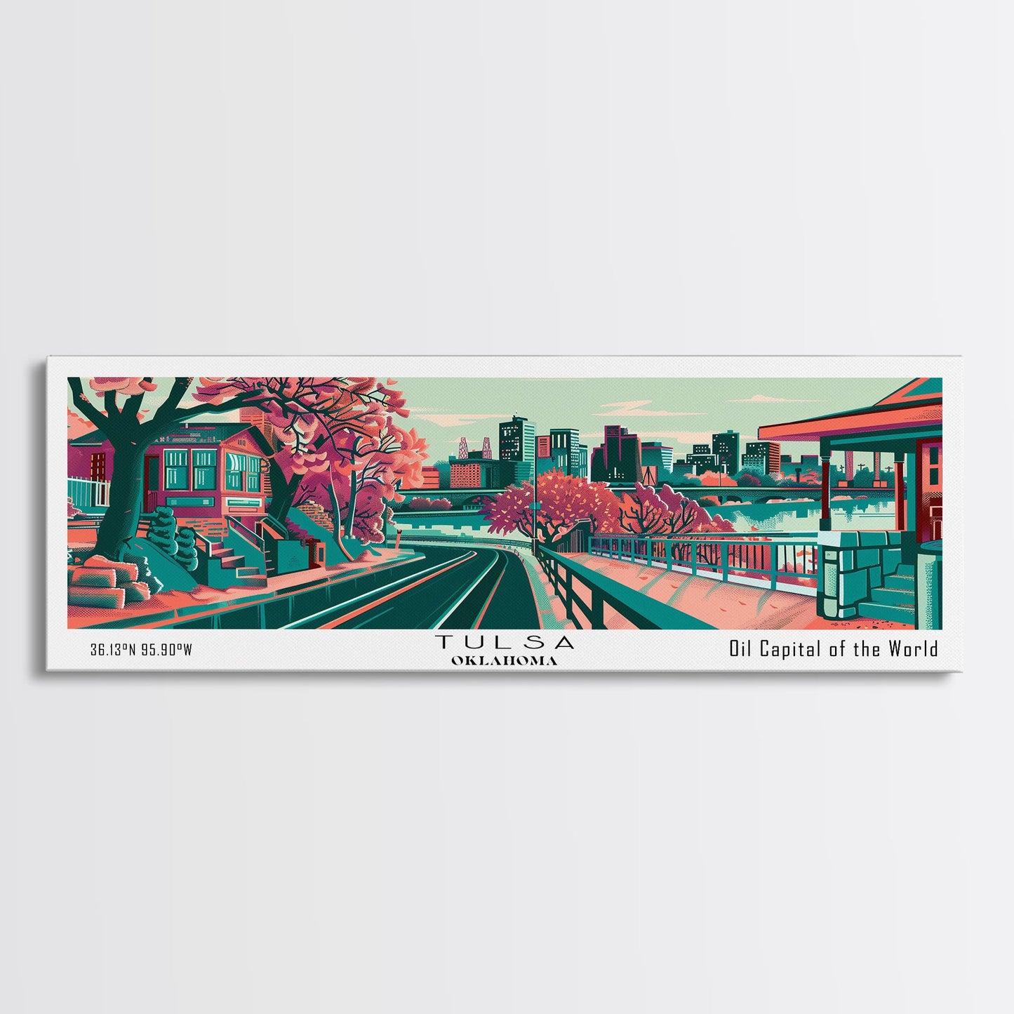Tulsa Oklahoma Panoramic Painting Framed Canvas Print, Travel Poster, Mid Century Modern Art, Pop Art Style, Wall Decor, Living Room Art