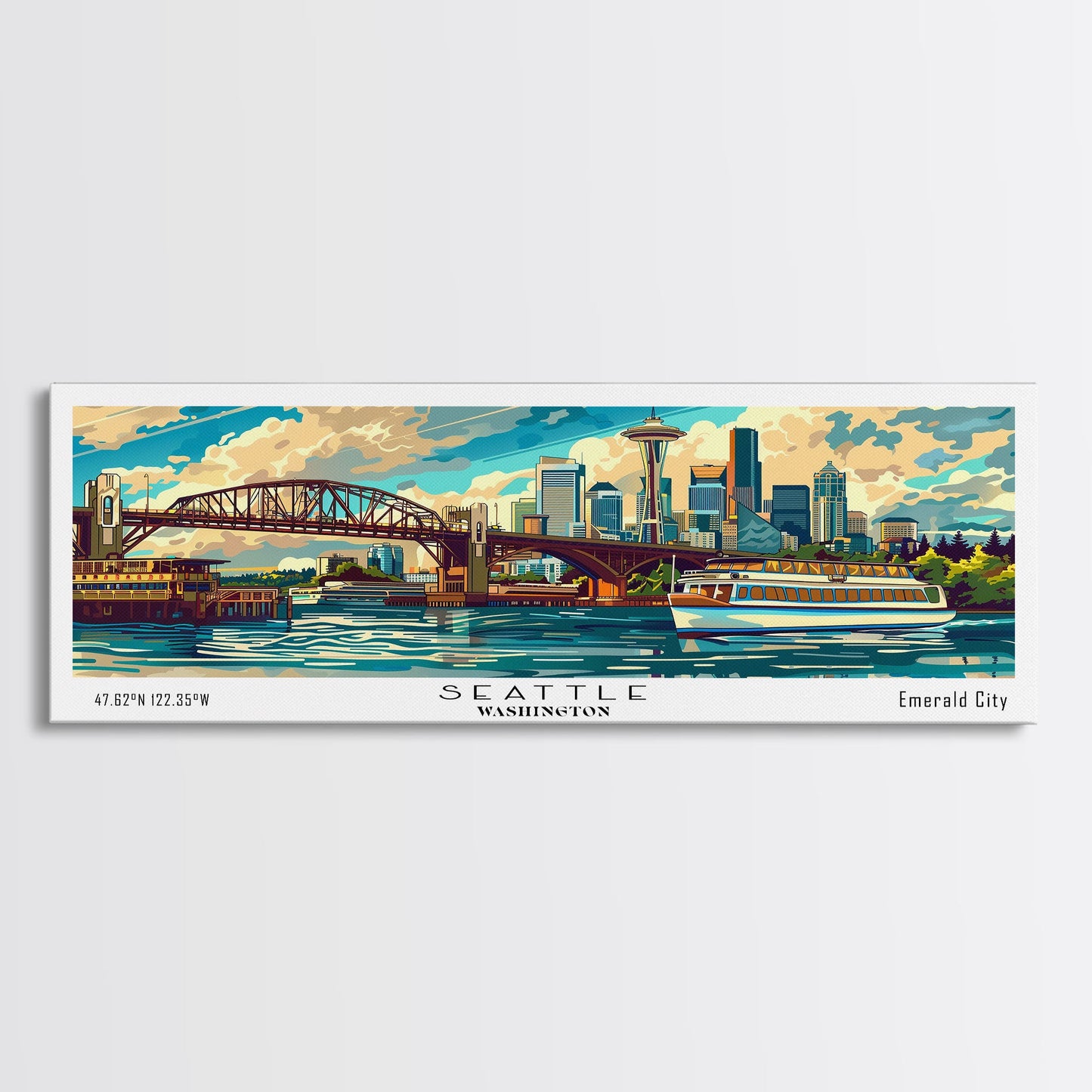 Seattle Washington Panoramic Painting, Mid Century Modern Framed Canvas Print, Retro Style Wall Art, Pop Art Travel Poster