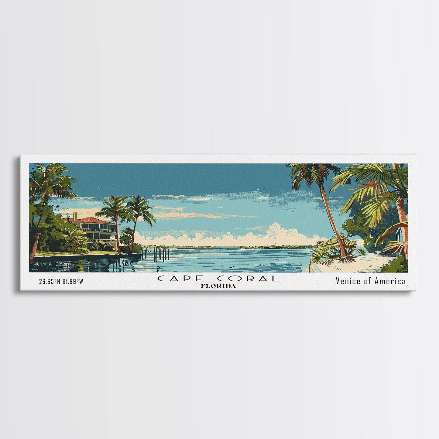 Cape Coral Florida Panoramic Painting, Mid Century Modern Framed Canvas Print, Retro Pop Art Travel Poster, Home Decor, City Print