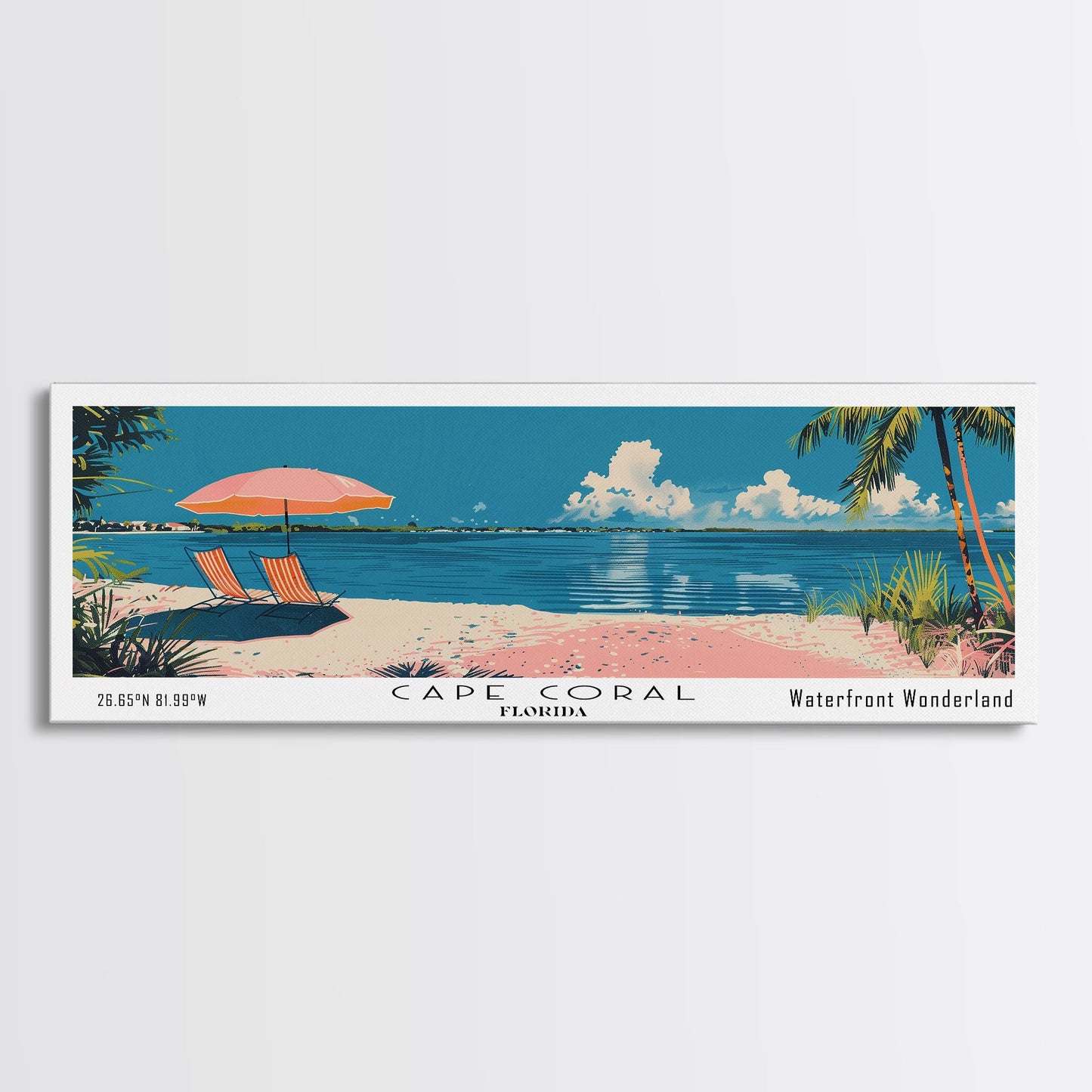 Cape Coral Florida Panoramic Painting, Mid Century Modern Framed Canvas Print, Retro Pop Art Travel Poster, Home Decor, City Print