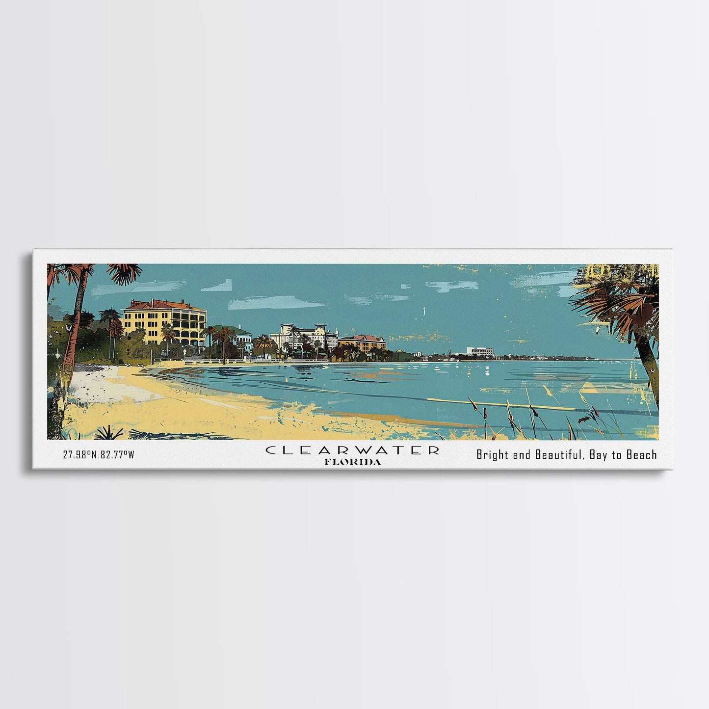 Clearwater Florida Panoramic Painting, Mid Century Modern Framed Canvas Print, Retro Pop Art Travel Poster, Home Decor, City Art