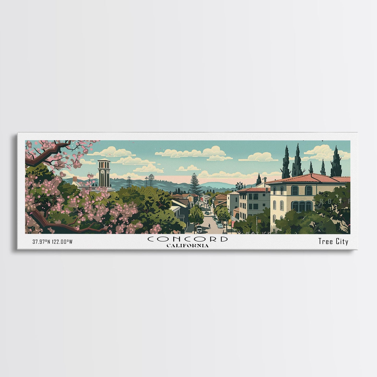Concord California Panoramic Painting, Mid Century Modern Framed Canvas Print, Retro Pop Art Travel Poster, City Wall Decor, Office Decor