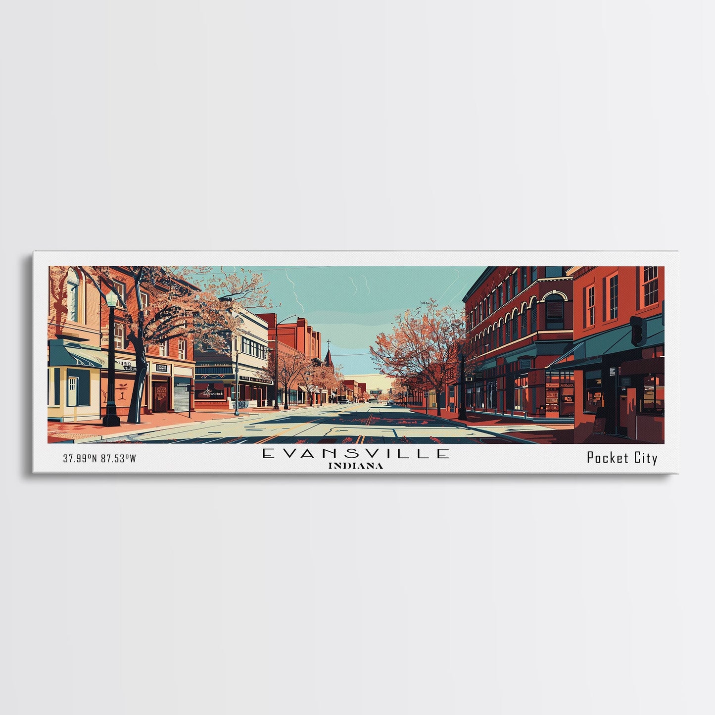 Evansville Indiana Panoramic Painting, Mid Century Modern Framed Canvas Print, Retro Pop Art Travel Poster, Living Room Wall Art