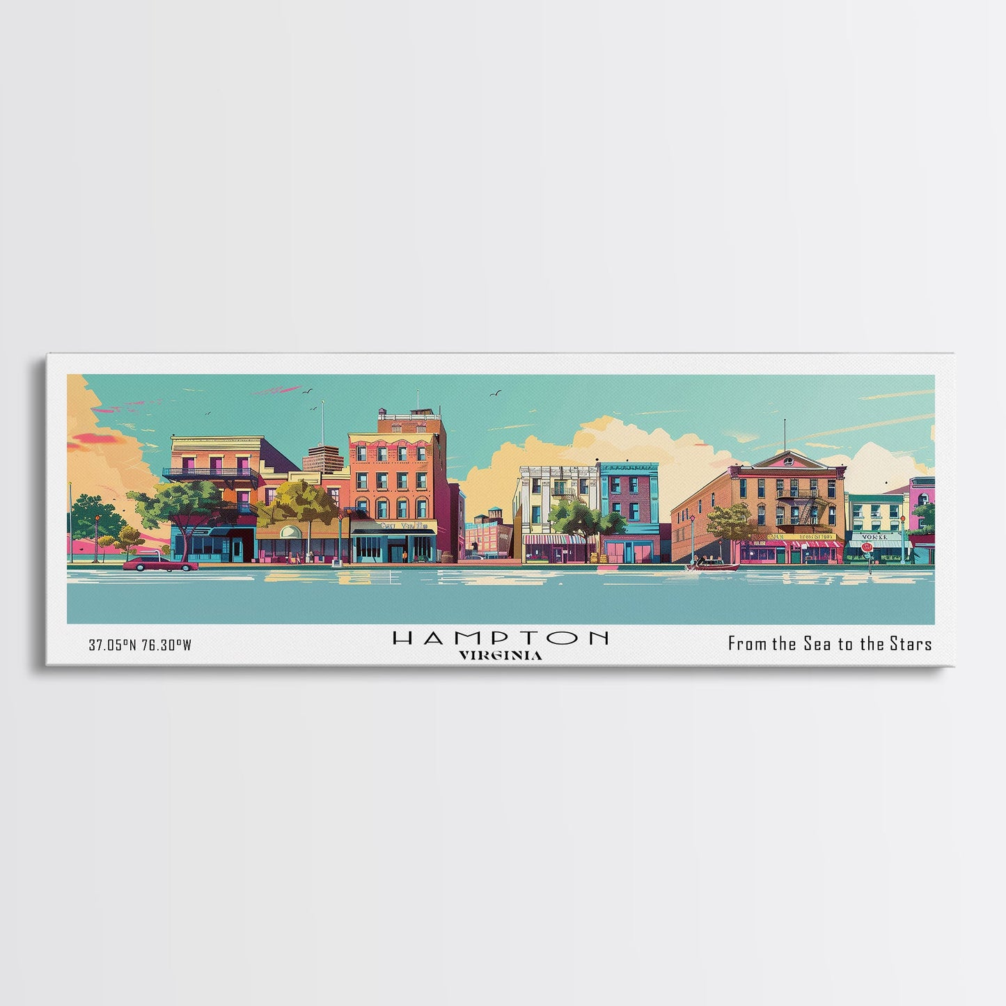 Hampton Virginia Panoramic Painting, Mid Century Modern Framed Canvas Print, Retro Pop Art Travel Poster, Office Wall Decor