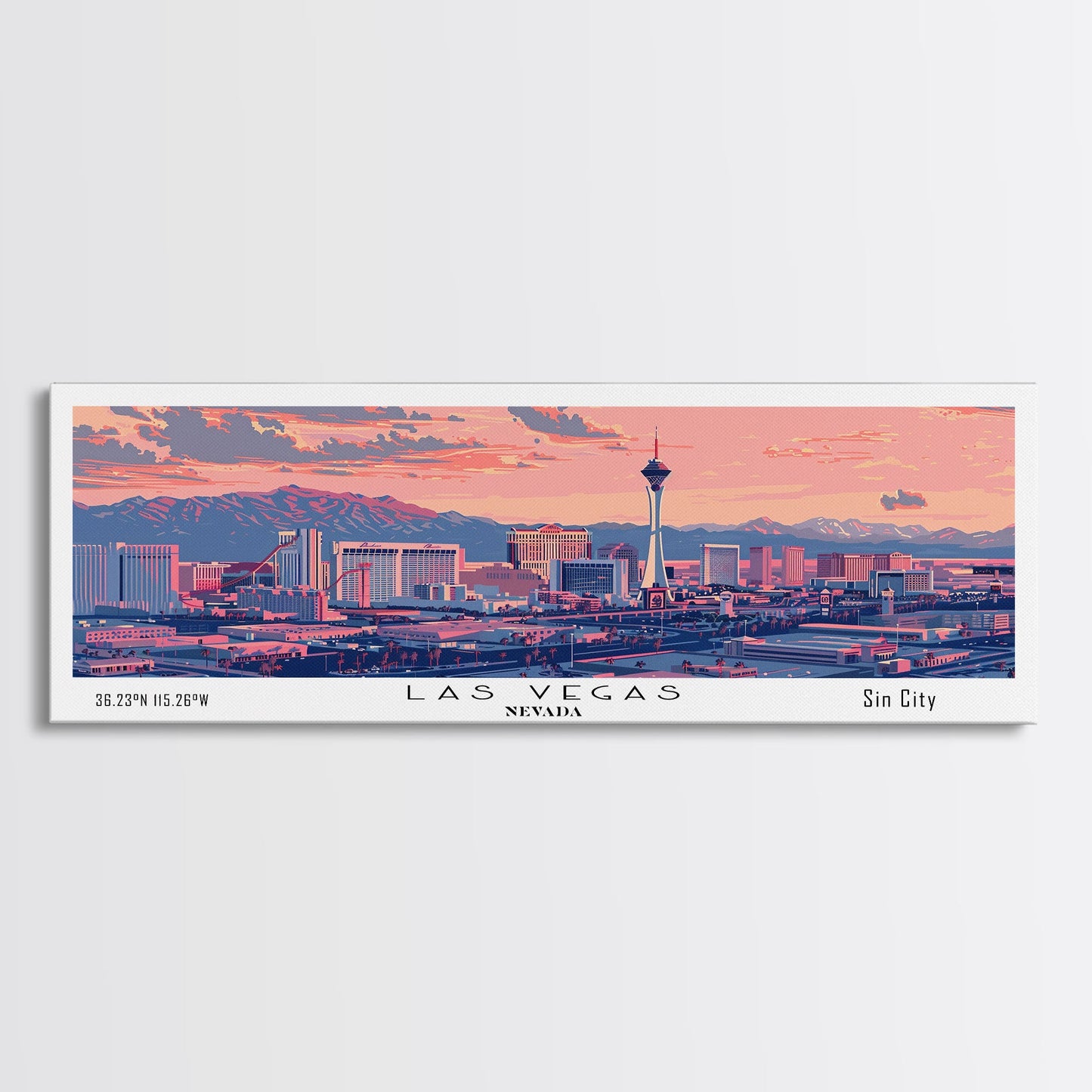 Las Vegas Nevada Panoramic Painting, Mid Century Modern Framed Canvas Print, Retro Pop Art Travel Poster, Living Room Art