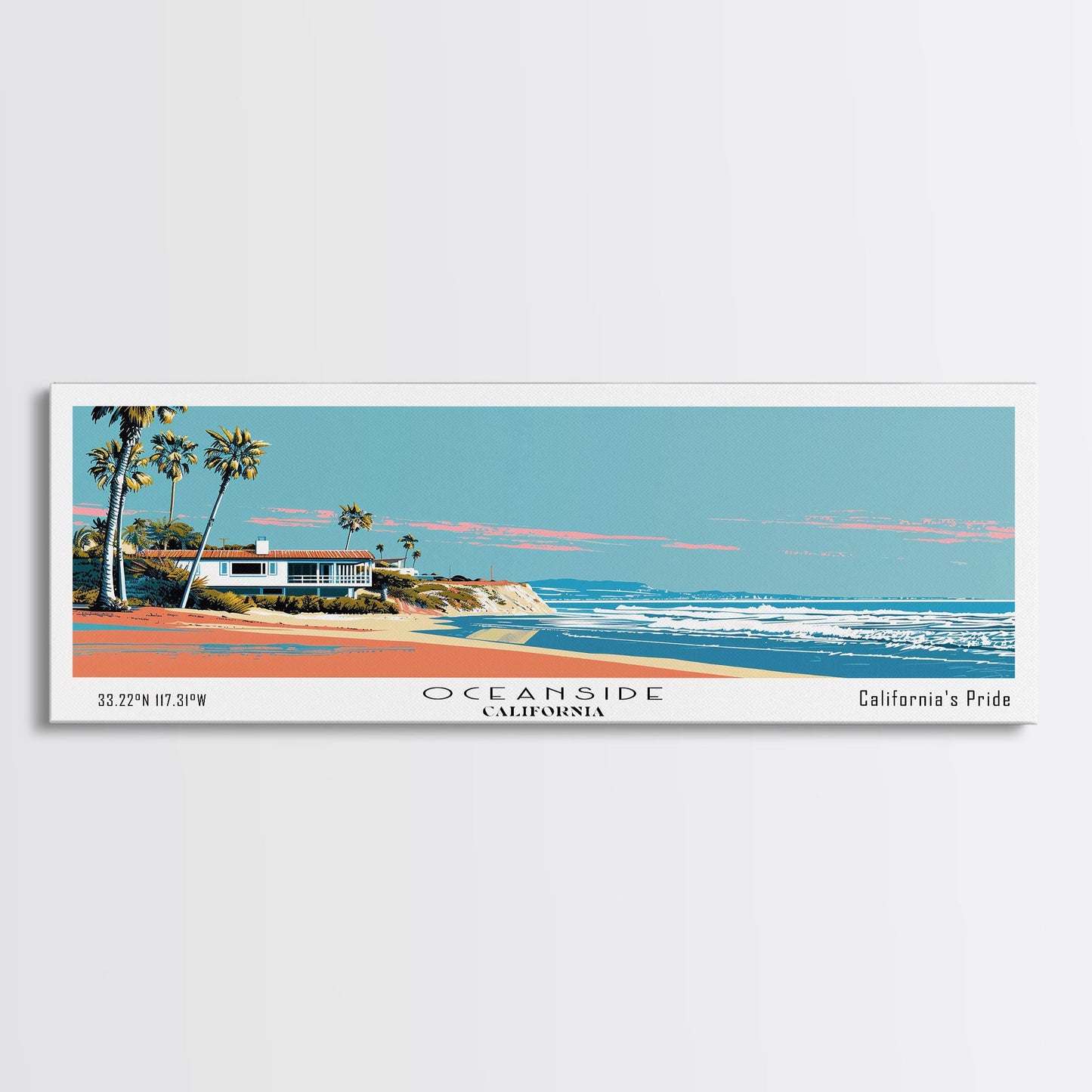 Oceanside California Panoramic Wall Art, Mid Century Modern Framed Canvas Print, Retro Pop Art Travel Poster, City Art, Office Wall Decor, Living Room Art
