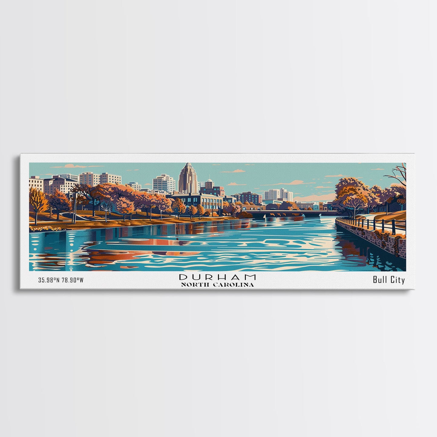 Durham North Carolina Panoramic Painting, Framed Canvas Print, Mid Century Modern Wall Art, Retro Pop Art Travel Poster, Home Decor, City Art