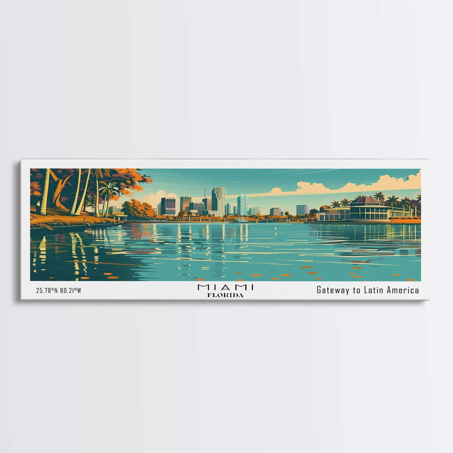 Miami Florida Panoramic View, Mid Century Modern Framed Canvas Print, Retro Pop Art Travel Poster, Home Decor, City Art