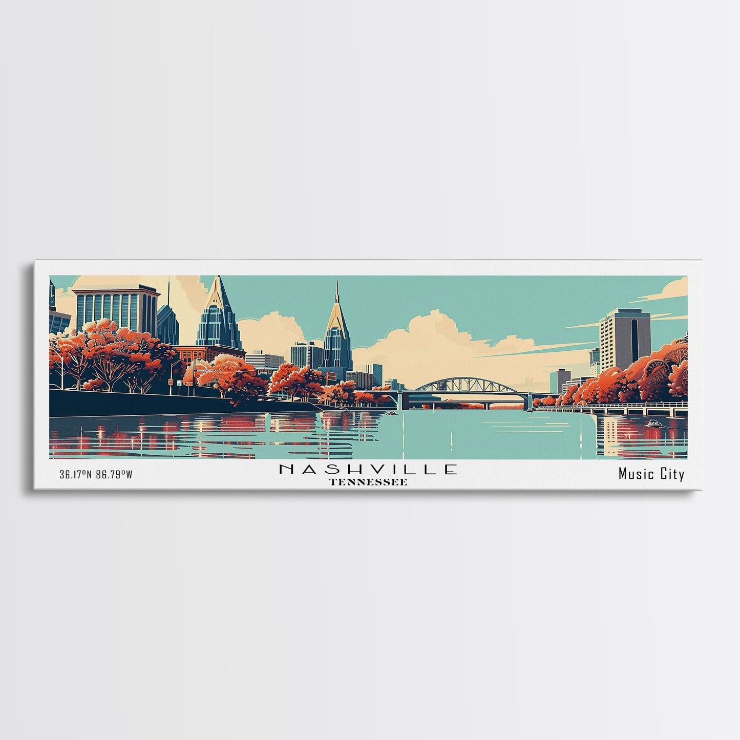Nashville Tennessee Panoramic Painting, Mid Century Modern Framed Canvas Print, Retro Pop Art Travel Poster, Living Room Decor, City Art