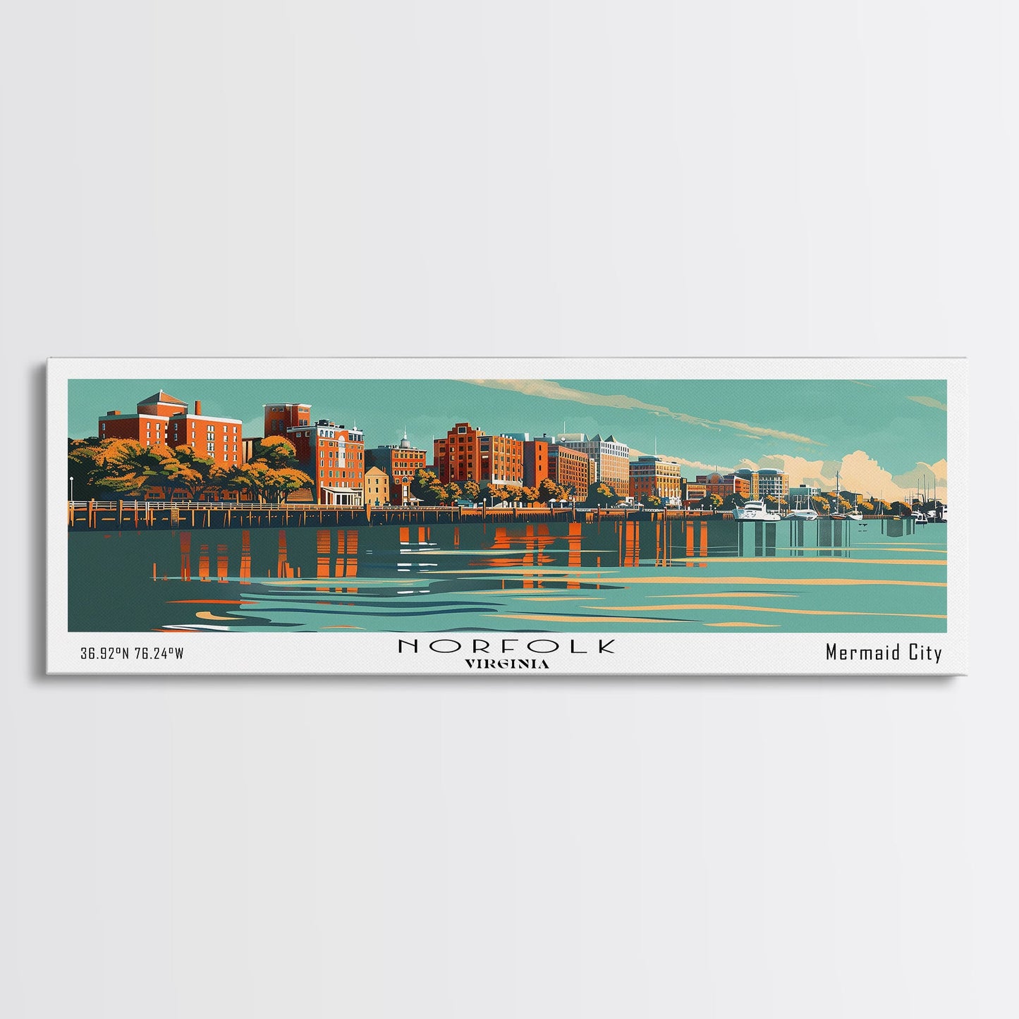 Norfolk Virginia Panoramic Painting, Mid Century Modern Framed Canvas Print, Retro Pop Art Travel Poster, Living Room Wall Decor