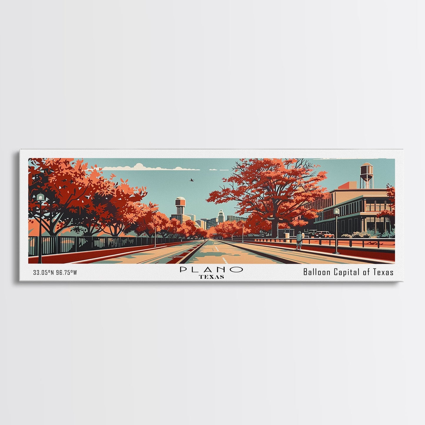 Plano Texas Panoramic Painting, Mid Century Modern Framed Canvas Print, Retro Pop Art Travel Poster, Living Room Decor, City Art