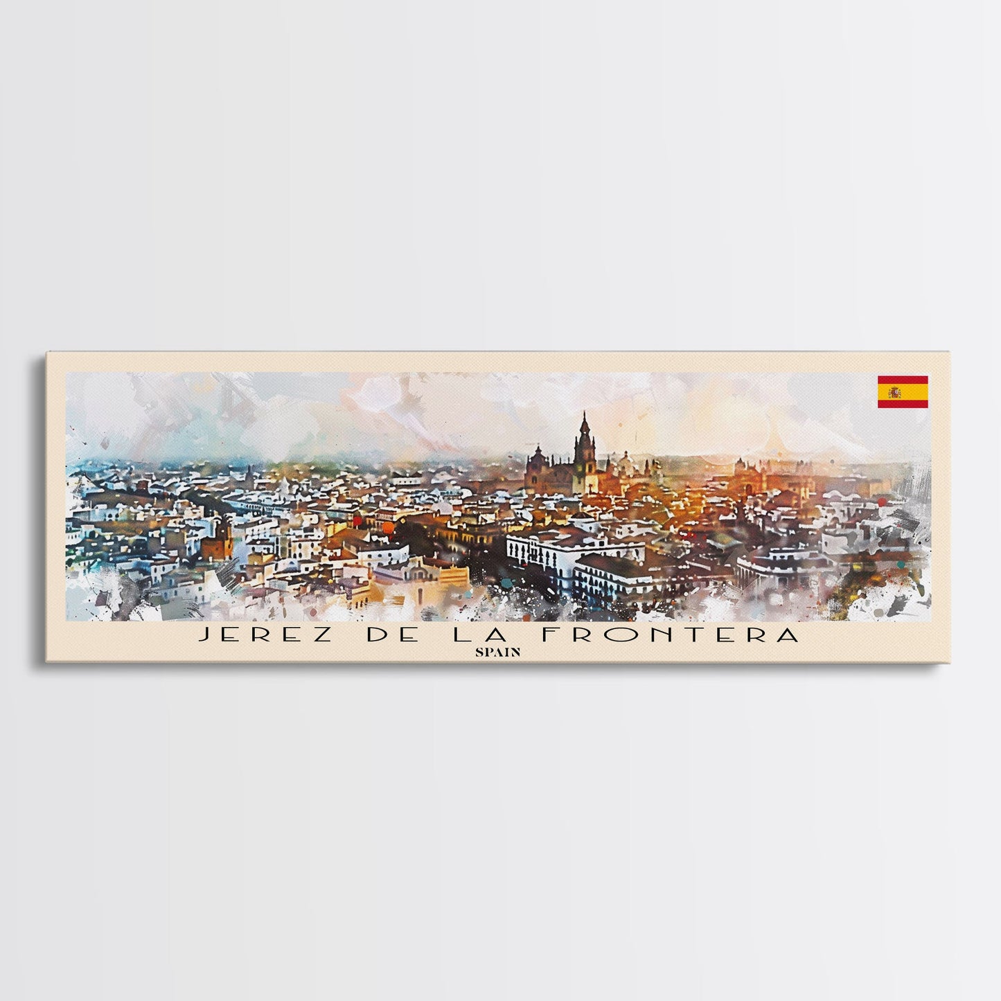Jerez De La Frontera Spain Panoramic Travel Poster, Framed Canvas Print or Metal Wall Art, Travel Art, Home Decor, Panoramic Painting, Midcentury Art