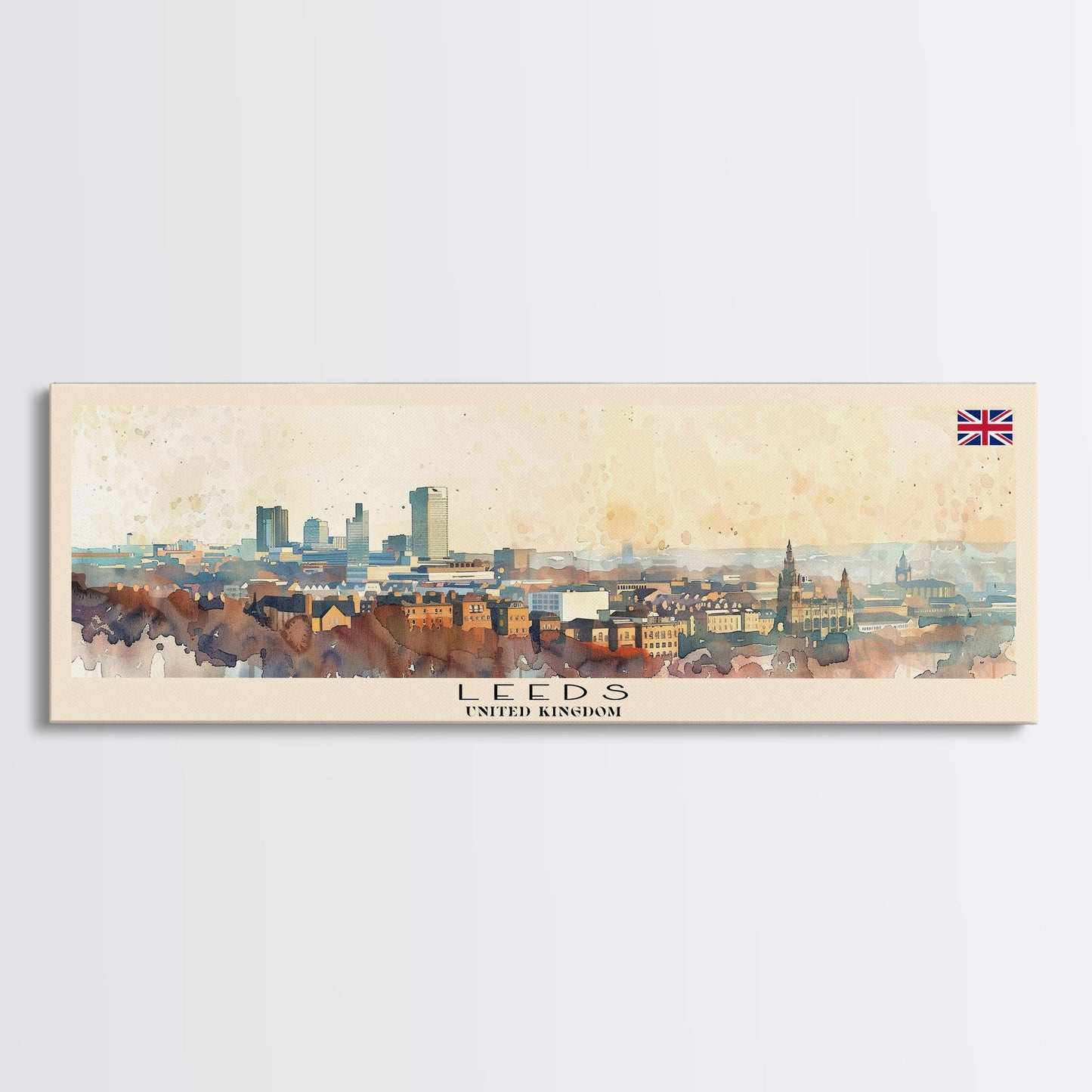 Leeds United Kingdom Panoramic Travel Poster, Framed Canvas Print or Metal Wall Art, Travel Art, Home Decor, Panoramic Painting, Midcentury Art