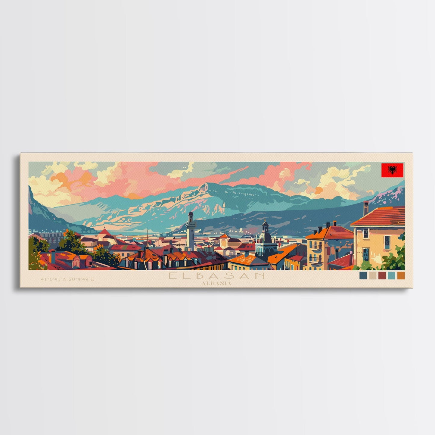 Elbasan Albania Travel Print Wall Art, Panoramic City Art, Travel Art, Wall Decor, Vacation Gift, Framed Canvas Print Or Metal Art