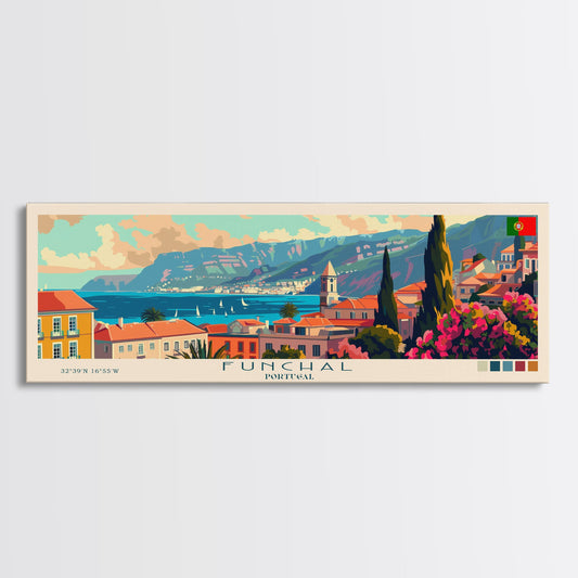 Funchal Portugal Travel Print Wall Art, Panoramic City Art, Travel Art, Wall Decor, Vacation Gift, Framed Canvas Print Or Metal Art