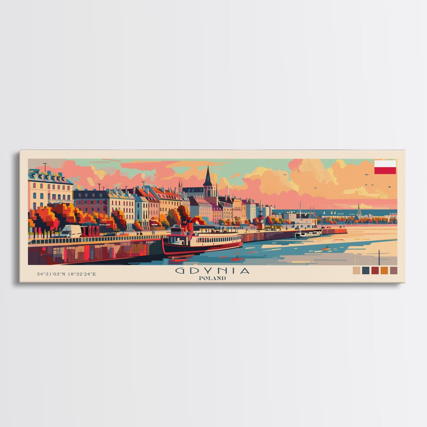 Gdynia Poland Travel Art, City Art, Framed Canvas Print or Metal Wall Art, Europe Travel Poster, Panoramic Wall Art, Extra Wide Wall Art
