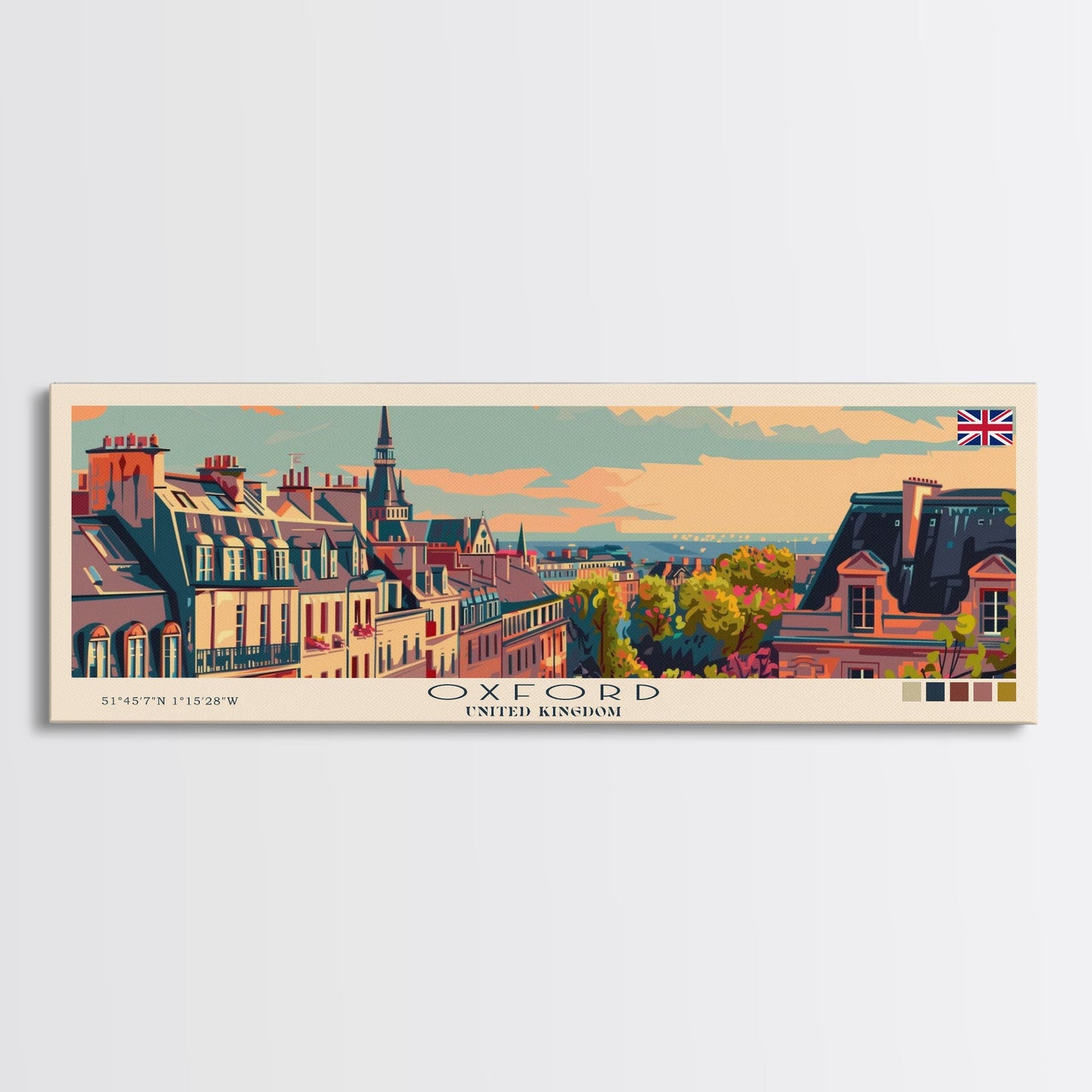 Oxford United Kingdom Panoramic Travel Poster, Framed Canvas Print or Metal Wall Art, Travel Art, Home Decor, Panoramic Painting, Midcentury Art