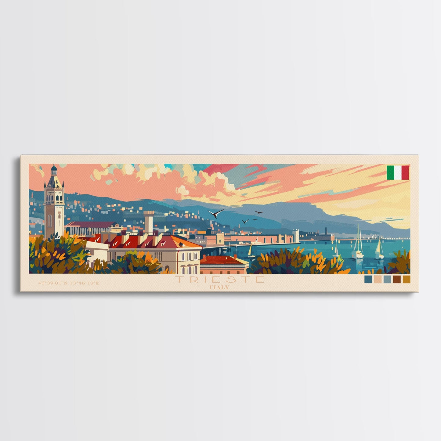Trieste Italy Panoramic Travel Poster, Framed Canvas Print or Metal Wall Art, Travel Art, Home Decor, Panoramic Painting, Midcentury Art